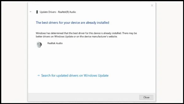 Thông báo hoàn tất quá trình cập nhật Driver âm thanh