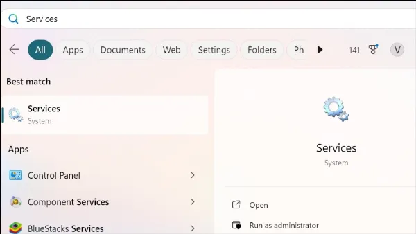13 cách sửa lỗi laptop Win 11 bị mất âm thanh nhanh chóng Tìm kiếm và mở ứng dụng Services để quản lý các dịch vụ hệ thống