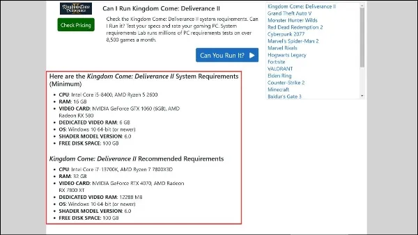 Trang kết quả Can You Run It hiển thị so sánh cấu hình máy với yêu cầu tối thiểu và đề nghị của game.