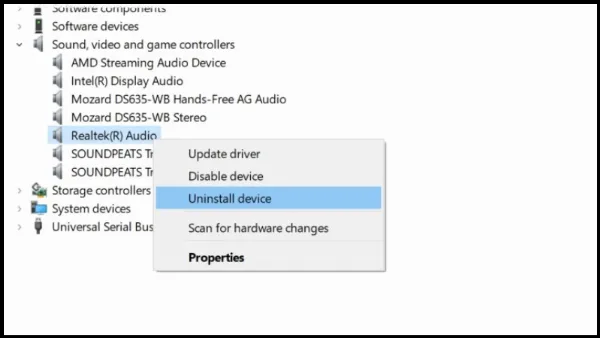 Trong Device Manager, chuột phải vào Driver âm thanh (Realtek(R) Audio) và chọn Uninstall device