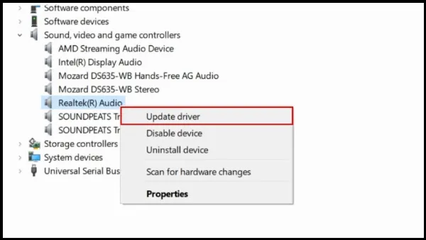 Trong Device Manager, chuột phải vào Driver âm thanh và chọn Update driver