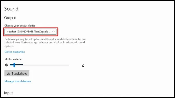 Trong Sound settings, tìm và chọn mục Output