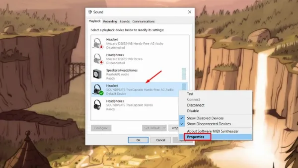 Trong tab Playback, click chuột phải vào thiết bị tai nghe và chọn Properties