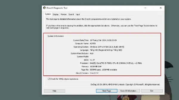 Xem thông tin hệ điều hành, CPU, RAM, card đồ họa trong cửa sổ DirectX Diagnostic Tool