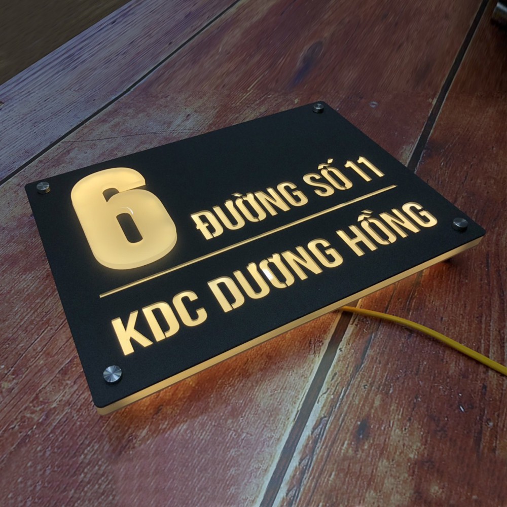 Biển Số Nhà. Có đèn LED, Mica cháo + Mica màu đen sần, ngoài trời, số nổi đế mica cháo. BSN-QC24H012