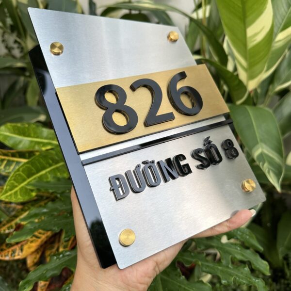 Biển Số Nhà Nền Inox 304 Bạc xước + Vàng xước, Số nổi mica. Cao cấp BSN-QC24H018 z4671720755280 feb0614e013aaadd601445910903ecd0 1152x1536 1