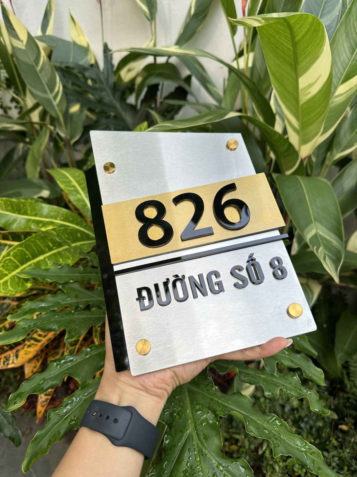 Biển Số Nhà Nền Inox 304 Bạc xước + Vàng xước, Số nổi mica. Cao cấp BSN-QC24H018