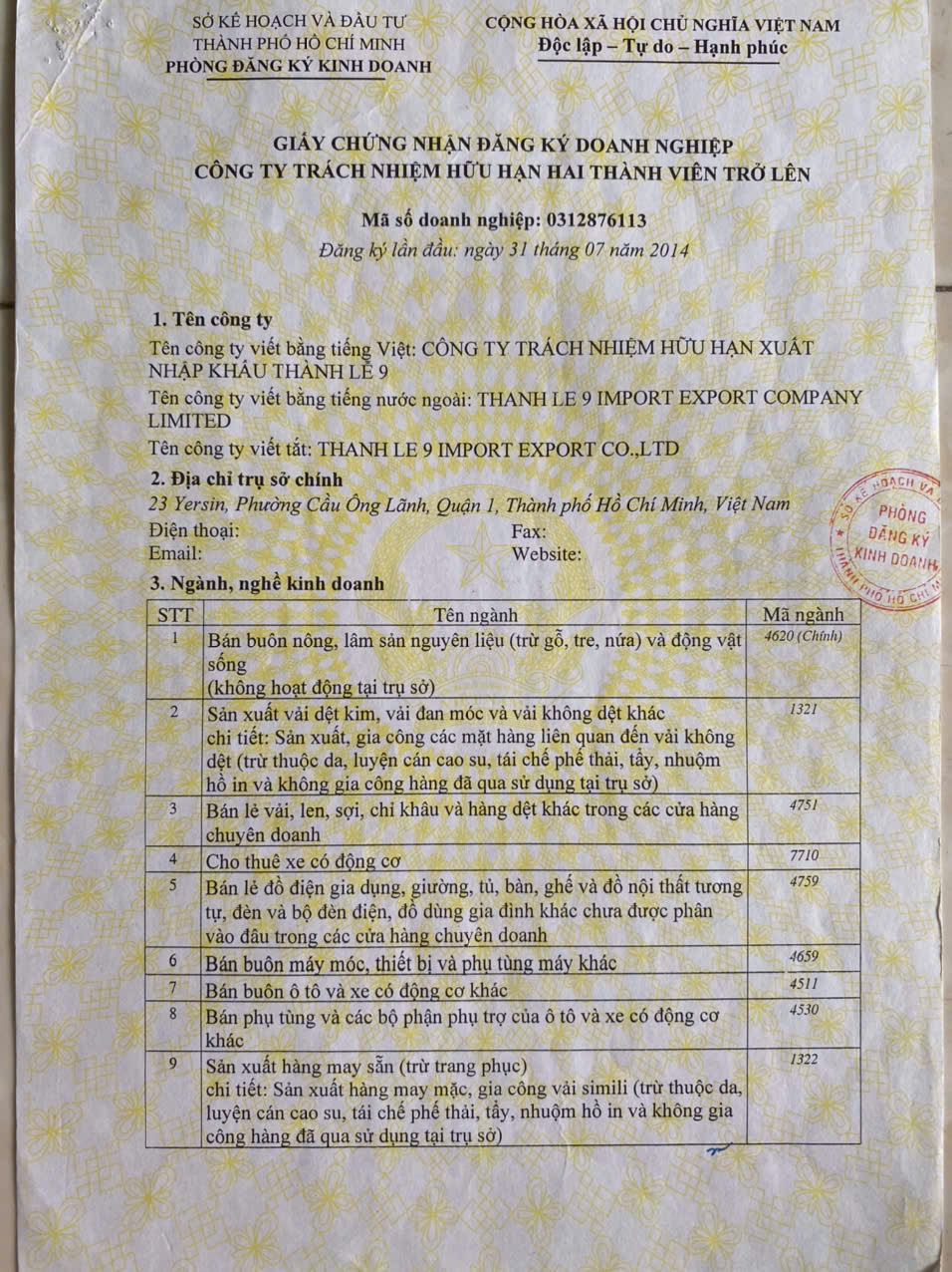 công ty tnhh xuất nhập khẩu thành lễ 9